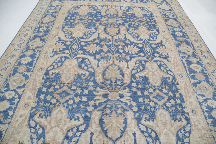 Hand Knotted Ziegler Wool Rug - 8' 6" X 11' 7" 8' 6" X 11' 7" (259 X 353) / Blue / Wool