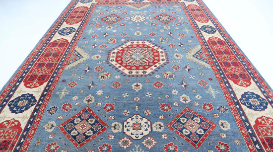 Tribal Hand Knotted Kazak Afzali Kazak Wool Rug of Size 9'8'' X 15'9'' in Blue and Ivory Colors - Made in Afghanistan