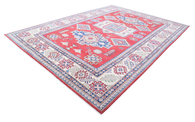 Tribal Hand Knotted Kazak Afzali Kazak Wool Rug of Size 9'8'' X 13'6'' in Red and Ivory Colors - Made in Afghanistan