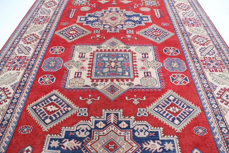 Tribal Hand Knotted Kazak Afzali Kazak Wool Rug of Size 9'8'' X 13'6'' in Red and Ivory Colors - Made in Afghanistan