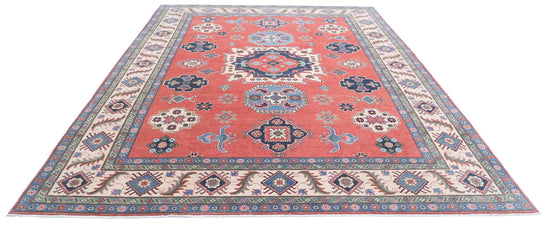 Tribal Hand Knotted Kazak Afzali Kazak Wool Rug of Size 9'2'' X 12'5'' in Pink and Ivory Colors - Made in Afghanistan