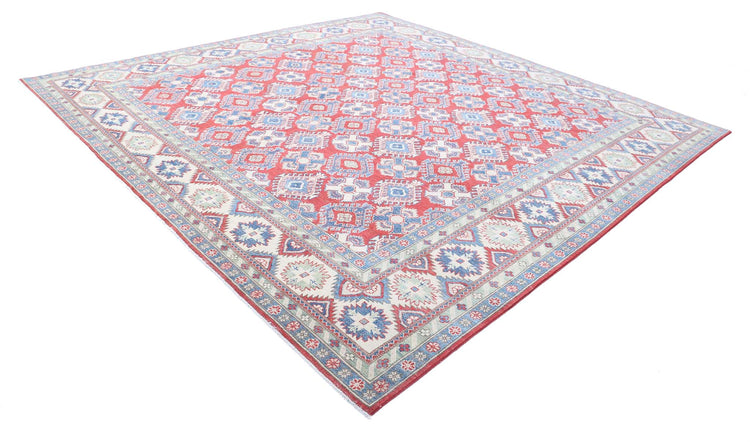 Tribal Hand Knotted Kazak Afzali Kazak Wool Rug of Size 11'8'' X 11'6'' in Red and Ivory Colors - Made in Afghanistan
