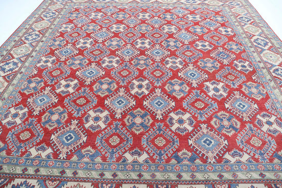 Tribal Hand Knotted Kazak Afzali Kazak Wool Rug of Size 11'8'' X 11'6'' in Red and Ivory Colors - Made in Afghanistan