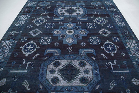 Transitional Hand Knotted Onyx Afzali Kazak Wool Rug of Size 8'7'' X 11'7'' in Blue and Blue Colors - Made in Afghanistan