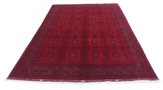 Tribal Hand Knotted Afghan Beljik Wool Rug of Size 6'5'' X 9'5'' in Red and Red Colors - Made in Afghanistan