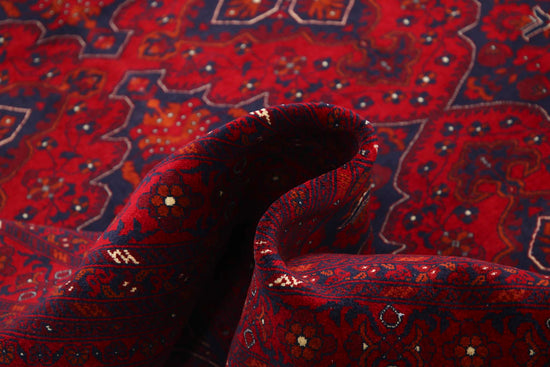 Tribal Hand Knotted Afghan Beljik Wool Rug of Size 6'8'' X 9'8'' in Red and Red Colors - Made in Afghanistan