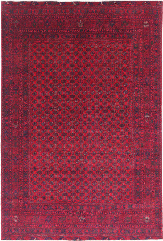 Tribal Hand Knotted Afghan Beljik Wool Rug of Size 6'5'' X 9'7'' in Red and Red Colors - Made in Afghanistan
