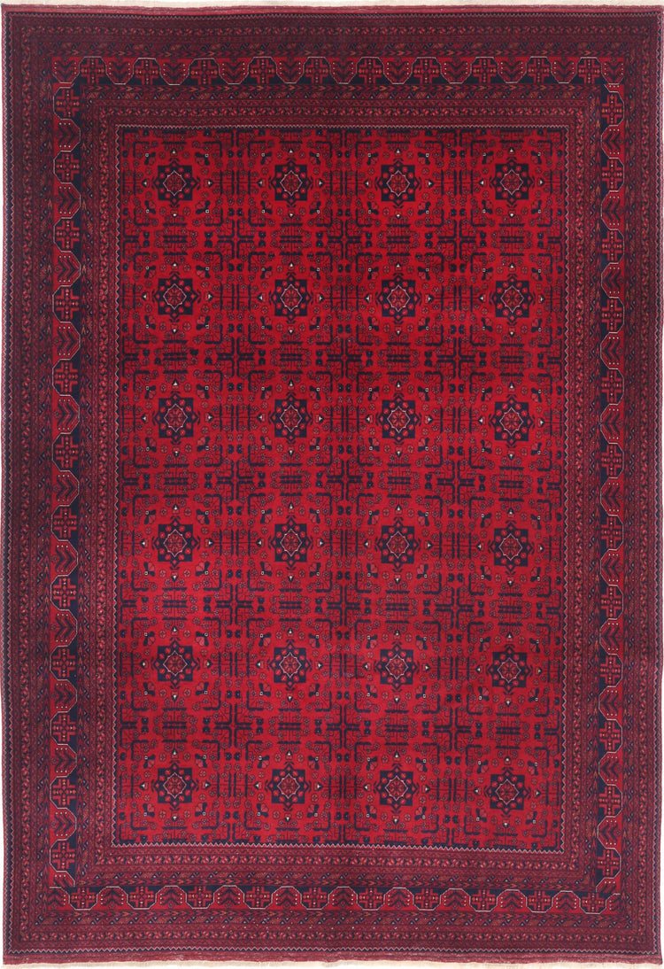 Tribal Hand Knotted Afghan Beljik Wool Rug of Size 6'7'' X 9'7'' in Red and Red Colors - Made in Afghanistan