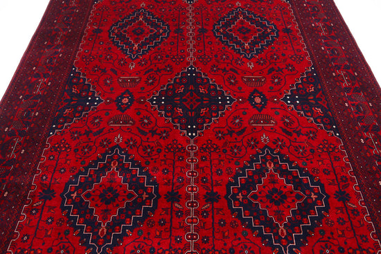 Tribal Hand Knotted Afghan Beljik Wool Rug of Size 6'7'' X 9'6'' in Red and Red Colors - Made in Afghanistan