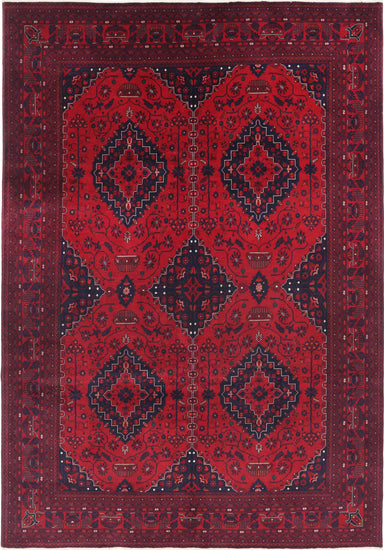 Tribal Hand Knotted Afghan Beljik Wool Rug of Size 6'7'' X 9'6'' in Red and Red Colors - Made in Afghanistan