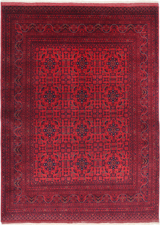 Tribal Hand Knotted Afghan Beljik Wool Rug of Size 5'7'' X 7'5'' in Red and Red Colors - Made in Afghanistan