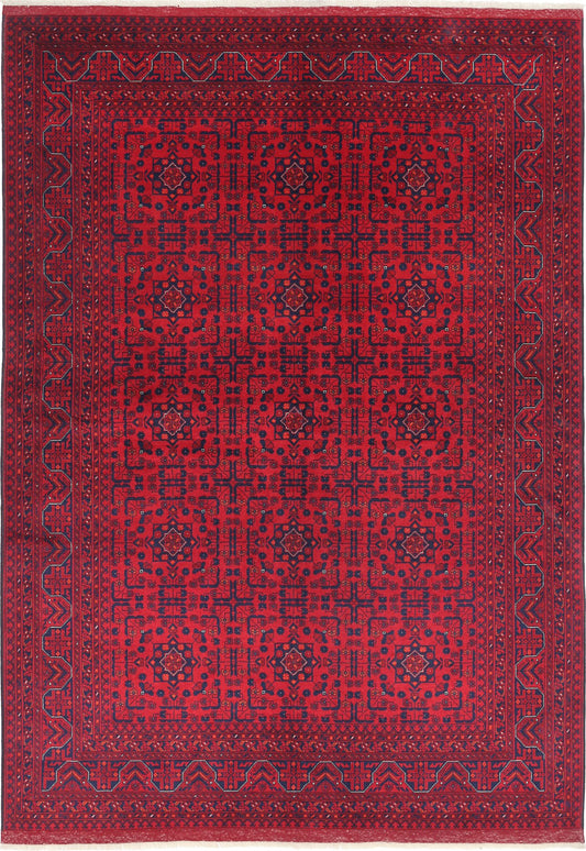 Tribal Hand Knotted Afghan Beljik Wool Rug of Size 5'5'' X 7'10'' in Red and Red Colors - Made in Afghanistan