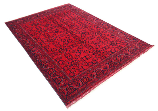 Tribal Hand Knotted Afghan Beljik Wool Rug of Size 5'2'' X 7'1'' in Red and Red Colors - Made in Afghanistan
