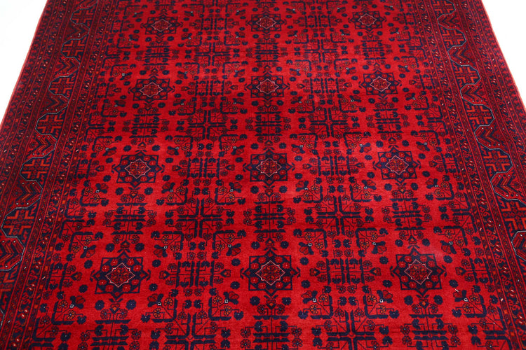 Tribal Hand Knotted Afghan Beljik Wool Rug of Size 5'6'' X 7'5'' in Red and Red Colors - Made in Afghanistan
