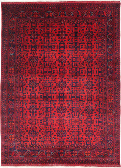 Tribal Hand Knotted Afghan Beljik Wool Rug of Size 5'6'' X 7'5'' in Red and Red Colors - Made in Afghanistan