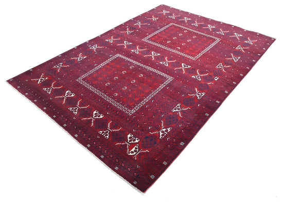 Tribal Hand Knotted Afghan Beljik Wool Rug of Size 5'4'' X 7'11'' in Red and Red Colors - Made in Afghanistan