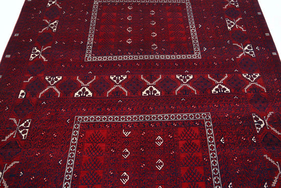 Tribal Hand Knotted Afghan Beljik Wool Rug of Size 5'4'' X 7'11'' in Red and Red Colors - Made in Afghanistan