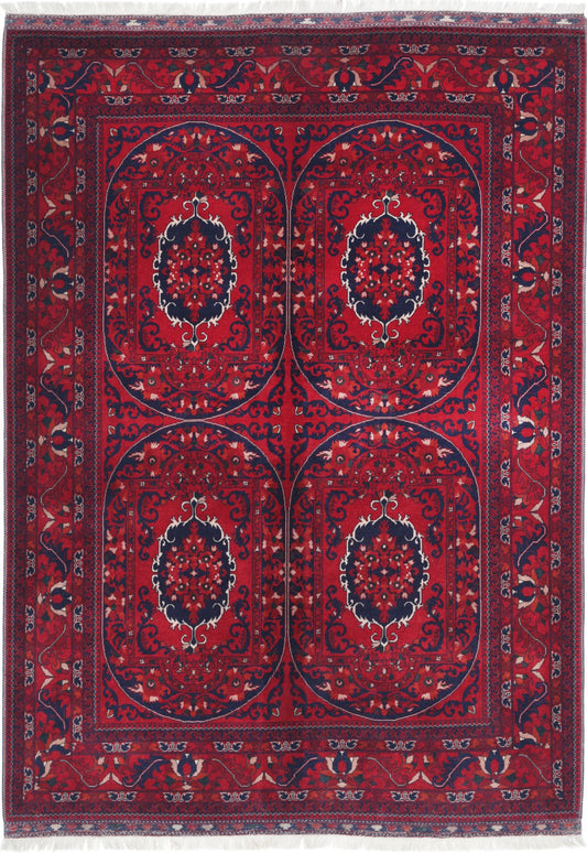 Tribal Hand Knotted Afghan Beljik Wool Rug of Size 5'10'' X 8'1'' in Red and Red Colors - Made in Afghanistan