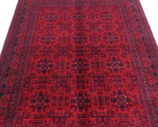 Tribal Hand Knotted Afghan Beljik Wool Rug of Size 4'10'' X 6'5'' in Red and Red Colors - Made in Afghanistan