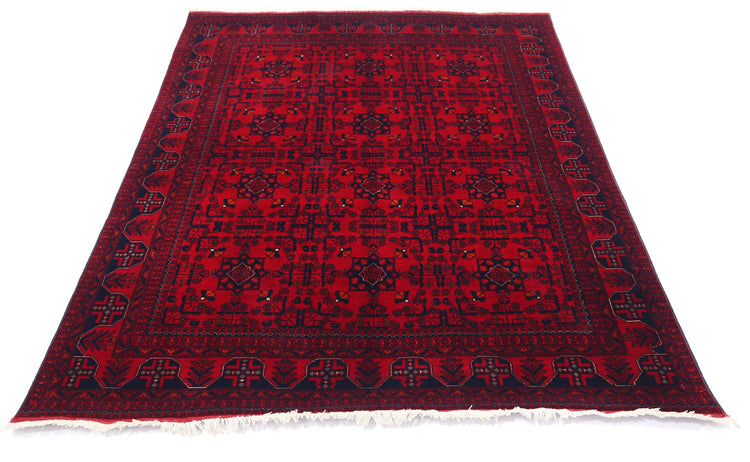 Tribal Hand Knotted Afghan Beljik Wool Rug of Size 4'9'' X 6'2'' in Red and Red Colors - Made in Afghanistan