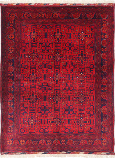 Tribal Hand Knotted Afghan Beljik Wool Rug of Size 5'0'' X 6'5'' in Red and Red Colors - Made in Afghanistan