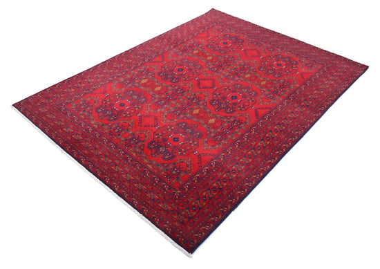 Tribal Hand Knotted Afghan Beljik Wool Rug of Size 4'10'' X 6'6'' in Red and Red Colors - Made in Afghanistan