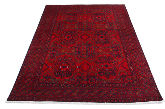 Tribal Hand Knotted Afghan Beljik Wool Rug of Size 4'10'' X 6'6'' in Red and Red Colors - Made in Afghanistan