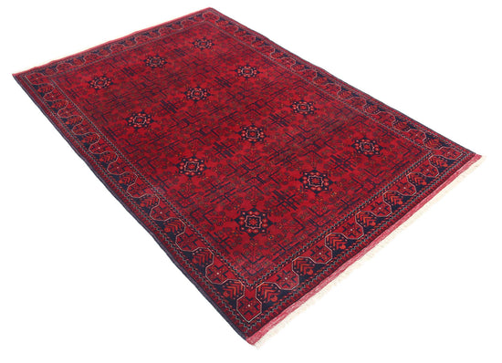 Tribal Hand Knotted Afghan Beljik Wool Rug of Size 4'1'' X 6'0'' in Red and Red Colors - Made in Afghanistan