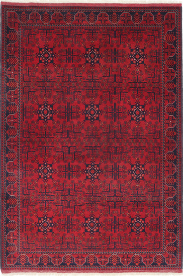 Tribal Hand Knotted Afghan Beljik Wool Rug of Size 4'1'' X 6'0'' in Red and Red Colors - Made in Afghanistan