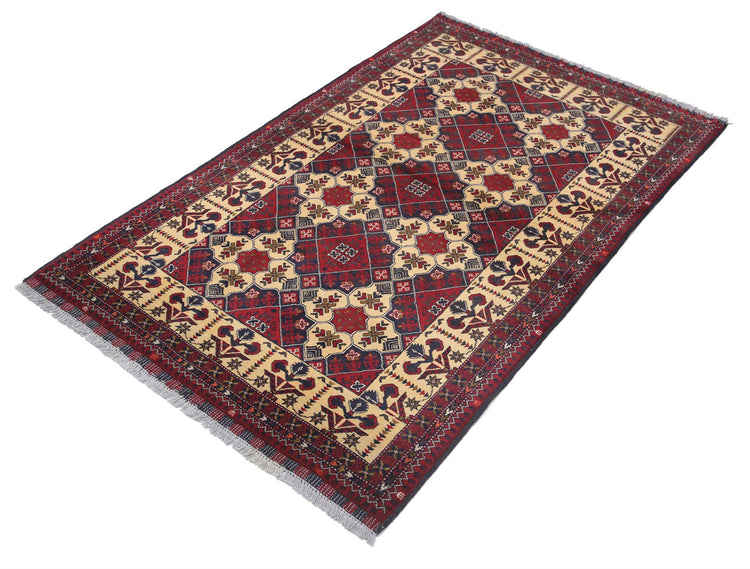 Tribal Hand Knotted Afghan Beljik Wool Rug of Size 3'3'' X 5'3'' in Red and Red Colors - Made in Afghanistan