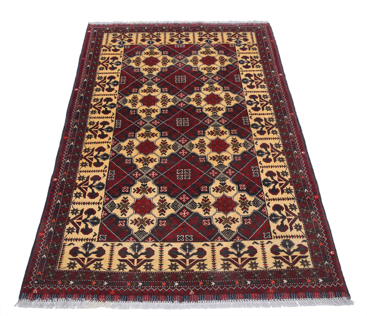 Tribal Hand Knotted Afghan Beljik Wool Rug of Size 3'3'' X 5'3'' in Red and Red Colors - Made in Afghanistan