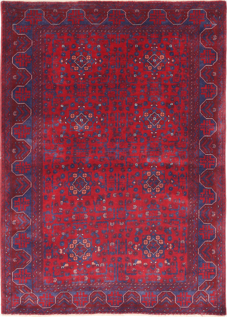 Tribal Hand Knotted Afghan Beljik Wool Rug of Size 3'3'' X 4'9'' in Red and Red Colors - Made in Afghanistan