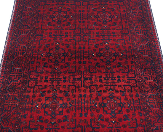 Tribal Hand Knotted Afghan Beljik Wool Rug of Size 3'3'' X 4'9'' in Red and Red Colors - Made in Afghanistan