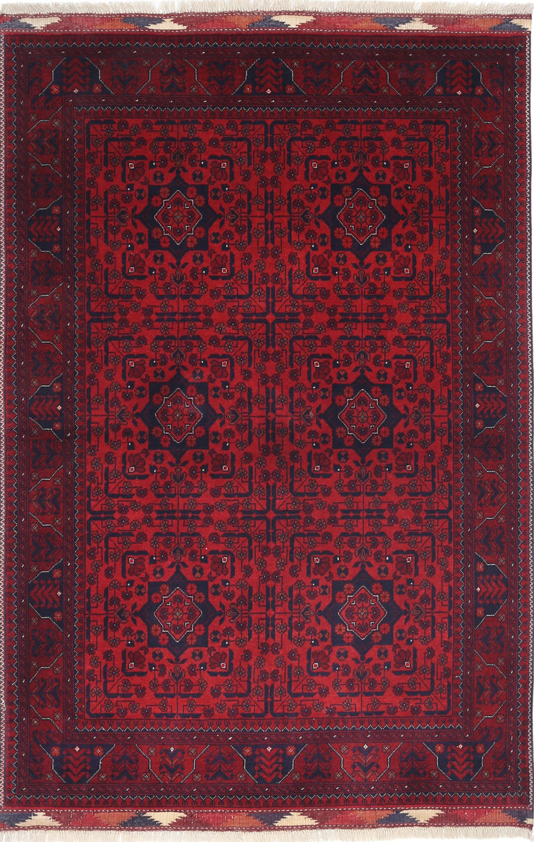 Tribal Hand Knotted Afghan Beljik Wool Rug of Size 3'4'' X 5'0'' in Red and Red Colors - Made in Afghanistan