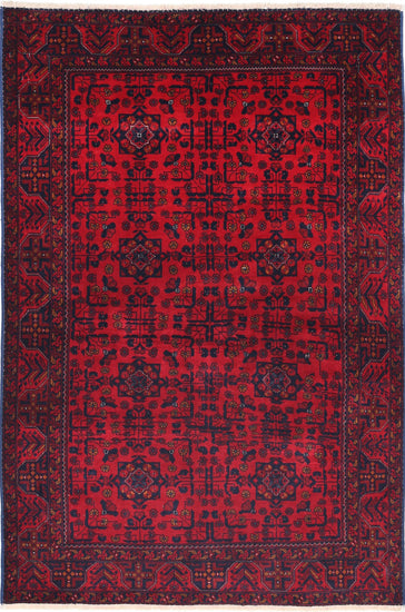 Tribal Hand Knotted Afghan Beljik Wool Rug of Size 3'4'' X 4'10'' in Red and Red Colors - Made in Afghanistan