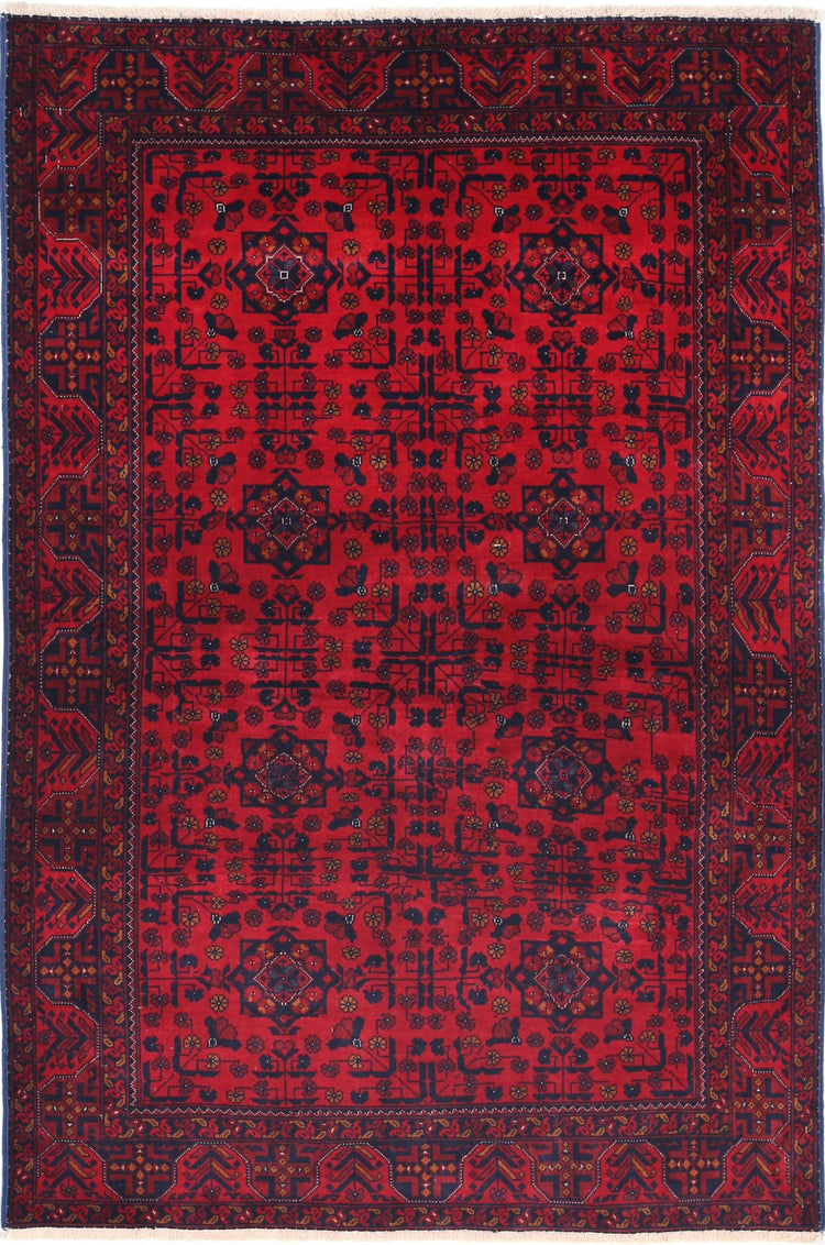 Tribal Hand Knotted Afghan Beljik Wool Rug of Size 3'4'' X 4'10'' in Red and Red Colors - Made in Afghanistan