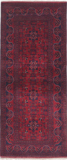 Tribal Hand Knotted Afghan Beljik Wool Rug of Size 2'7'' X 6'3'' in Red and Red Colors - Made in Afghanistan