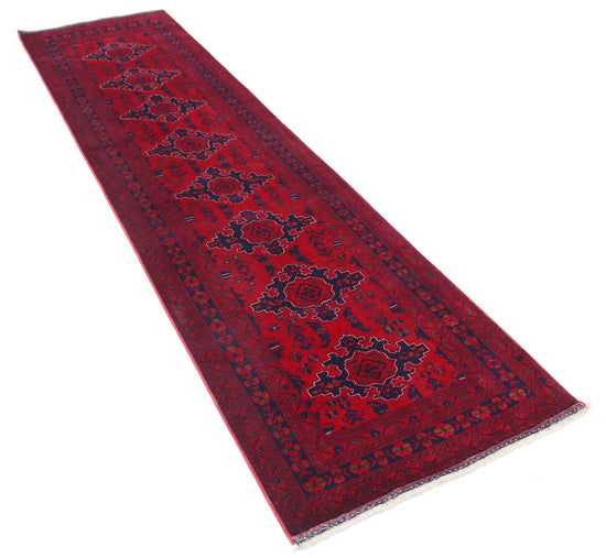 Tribal Hand Knotted Afghan Beljik Wool Rug of Size 2'8'' X 9'4'' in Red and Red Colors - Made in Afghanistan