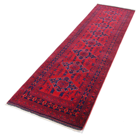 Tribal Hand Knotted Afghan Beljik Wool Rug of Size 2'8'' X 9'4'' in Red and Red Colors - Made in Afghanistan