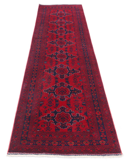 Tribal Hand Knotted Afghan Beljik Wool Rug of Size 2'8'' X 9'4'' in Red and Red Colors - Made in Afghanistan