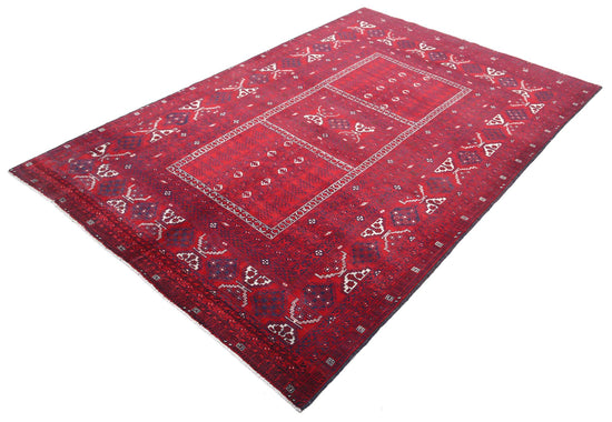 Tribal Hand Knotted Afghan Beljik Wool Rug of Size 5'1'' X 7'10'' in Red and Red Colors - Made in Afghanistan