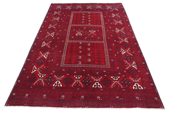 Tribal Hand Knotted Afghan Beljik Wool Rug of Size 5'1'' X 7'10'' in Red and Red Colors - Made in Afghanistan