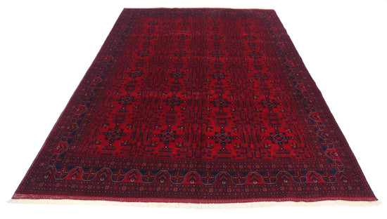 Tribal Hand Knotted Afghan Beljik Wool Rug of Size 6'6'' X 9'7'' in Red and Red Colors - Made in Afghanistan