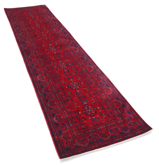 Tribal Hand Knotted Afghan Beljik Wool Rug of Size 2'6'' X 9'7'' in Red and Red Colors - Made in Afghanistan