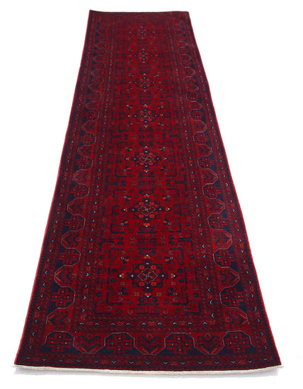 Tribal Hand Knotted Afghan Beljik Wool Rug of Size 2'6'' X 9'7'' in Red and Red Colors - Made in Afghanistan