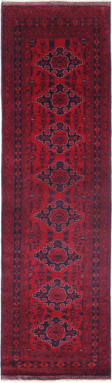 Tribal Hand Knotted Afghan Beljik Wool Rug of Size 2'7'' X 9'5'' in Red and Red Colors - Made in Afghanistan