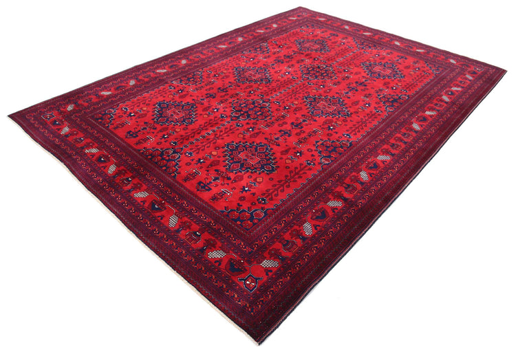 Tribal Hand Knotted Afghan Beljik Wool Rug of Size 6'9'' X 9'5'' in Red and Red Colors - Made in Afghanistan