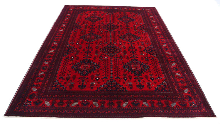 Tribal Hand Knotted Afghan Beljik Wool Rug of Size 6'9'' X 9'5'' in Red and Red Colors - Made in Afghanistan