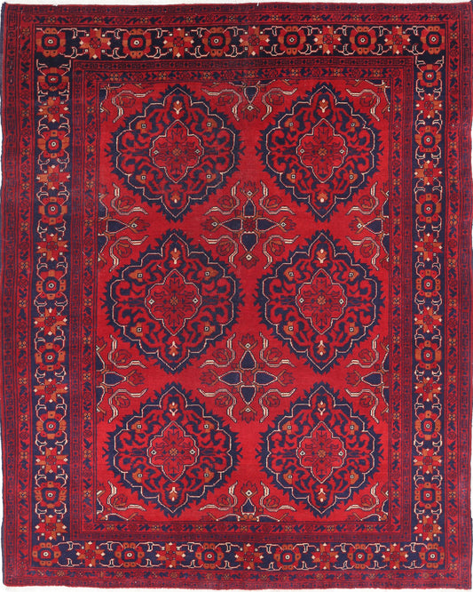 Tribal Hand Knotted Afghan Beljik Wool Rug of Size 4'11'' X 6'4'' in Red and Red Colors - Made in Afghanistan