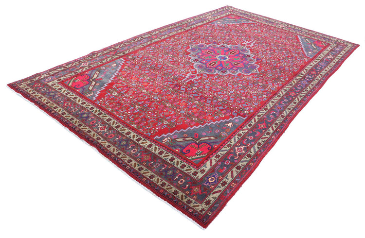 Persian Hand Knotted Bijar Bijar Wool Rug of Size 6'9'' X 11'6'' in Red and Blue Colors - Made in Iran